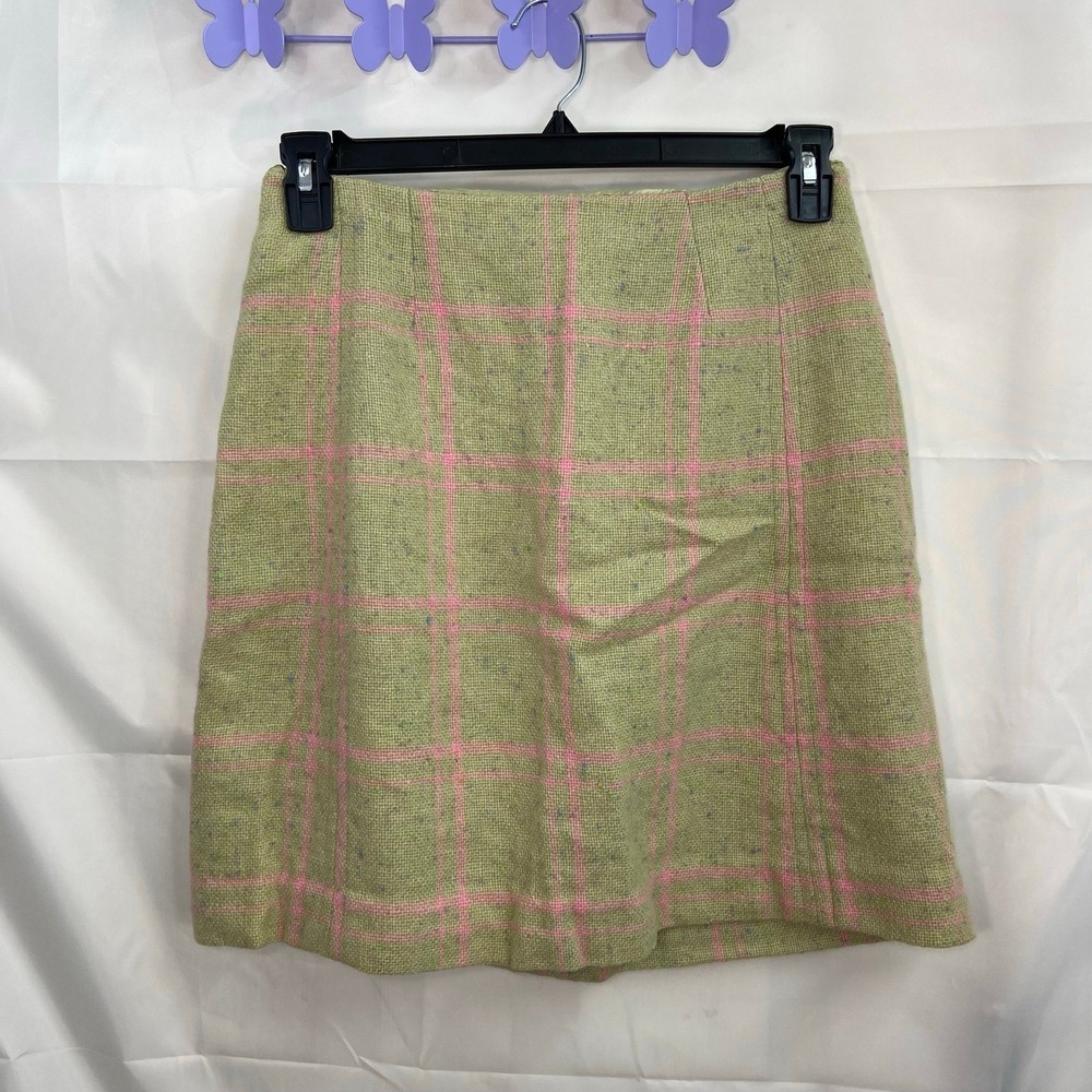 Vintage women's green pink plaid wool satin lined zip skirt speckled‎ medium